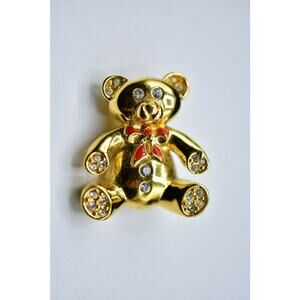 Monet Vintage Teddy Pin Brooch Gold Tone Rhinestone Bear Enamel Signed 80s BinF